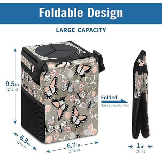 Car Trash Can Butterfly Auto Garbage Bag Car Trash Can with Lid Leak-Proof Car Storage Bag Auto Garbage Bag Hanging for Headrest Collapsible and Portable with Storage Mesh Pocket