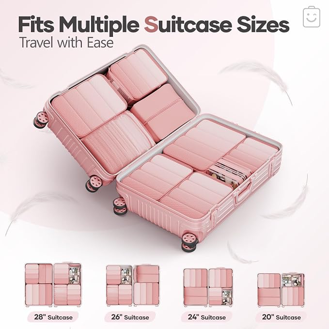 Veken 11-Pack Compression Packing Cubes for Travel Essentials,Compressible Expandable Large Luggage Suitcase Organizer Bags for Clothing,Durable Space Saver Bags with Toiletry Bags(Pink)
