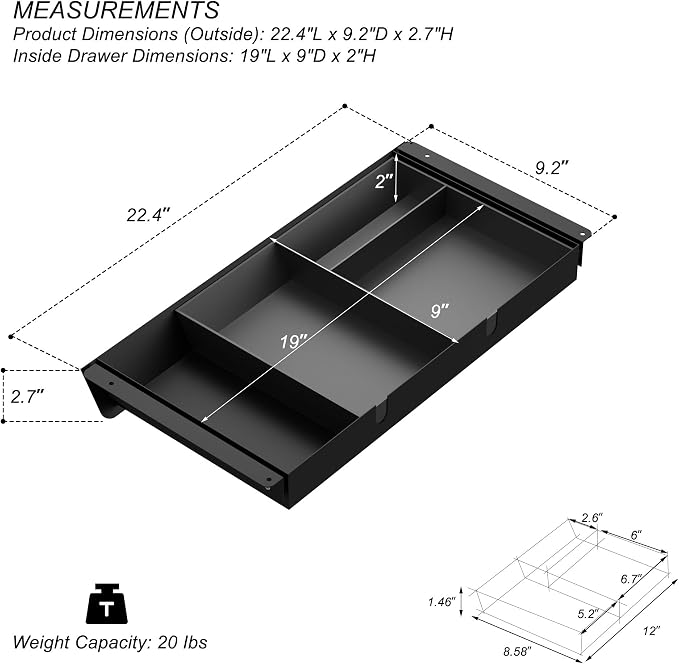Under Desk Drawer with Removable Tray, 22.4" Wide 2-in-1 Organizer – 60° Ergonomic Tilt, 4-Compartment Insert for Pens, Phones & Cables, Ball Bearing Slides, for Home Office & Student Desk