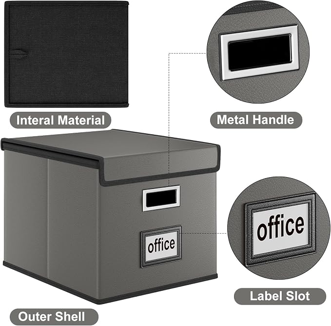 Portable Leather File Organizer Boxes with Lids, Office Document Boxes Organizer, Filing Boxes, Decorative Small File Boxes for Hanging Files with Plastic Slide for Office/Decor/Home