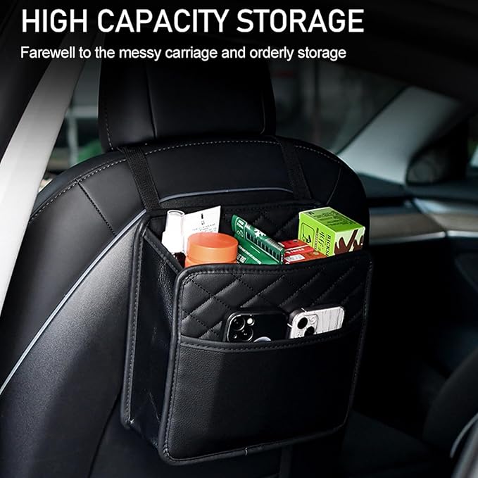 LXUNYI Car Seat Organizer,2 Pack Waterproof Pu Leather Backseat Car Organizer and Storage Bag Foldable Universal Hanging Car Seat Back Organizers for Kids & Adults Car Travel Accessories（Black）