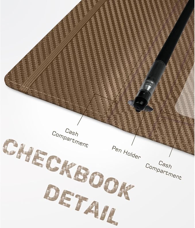 Checkbook Cover for Men Women, Premium Leather Checkbook Holder with RFID Blocking and Built in Clear Plastic Divider for Personal and Business Checks (Brown Carbon)