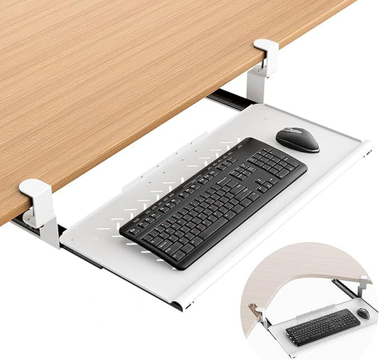 Keyboard Tray Under Desk - Full Metal Slide Out Holder, Rust-Resistant & Scratch-Proof, Double C-Clamps, 26x13" Tray for L Shape/Regular Desks, Standing/Sitting Workstation(White-A)