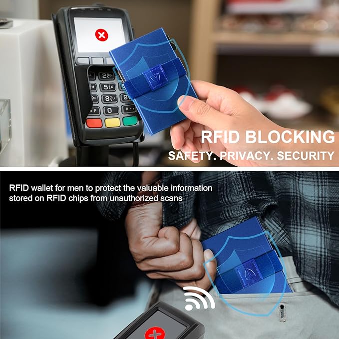 TOYFID Slim Wallet for Men Aluminum Minimalist Pop Up Card Holder with RFID Blocking Protection Expandable Backplate Cash Band for Boyfriend/Dad/Friend,Holds 12+ Credit Card & Business Cards,Blue