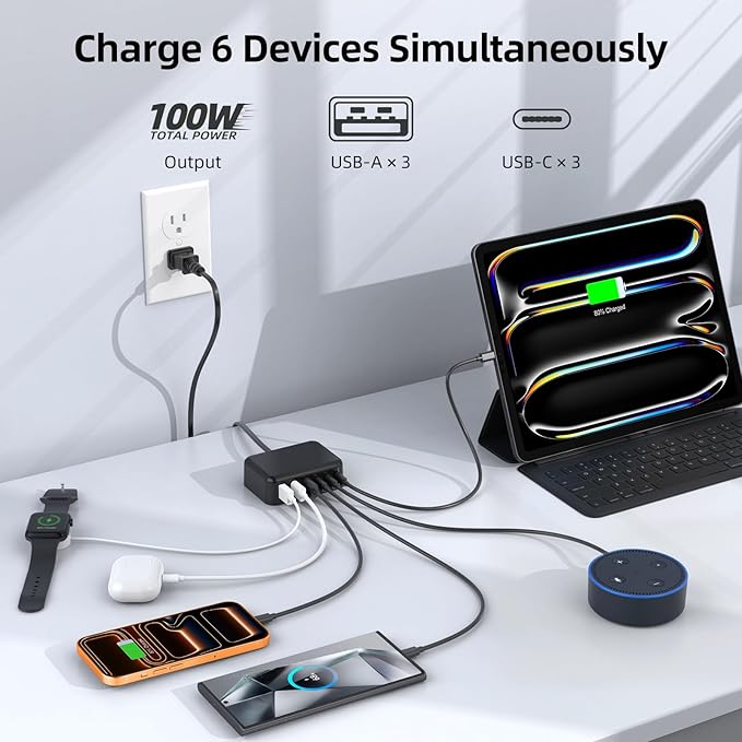 6 in 1 USB Charger, 50% Smaller Charging Station for Multiple Devices, 100W Fast Charging Blocks with Type C Ports, USB Charging Hub Organizer Multiport Power Strip for iPhone, Ipad, Kindle, Travel