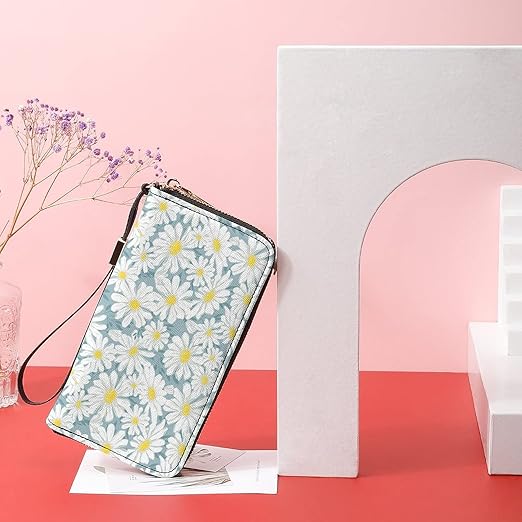 Unisex Zip Around Wallet for Adults Teens Blooming Chamomile White Coin Pouch Cash Pocket PU Leather Wallets Card Holder Organizer Designer Purse with Wristlet Strap