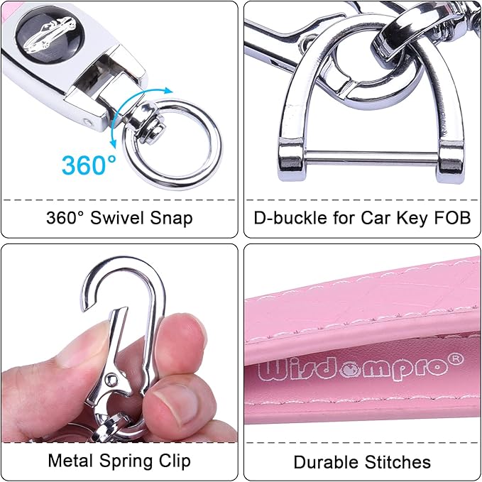 Wisdompro Microfiber Leather Car Keychain, Universal Key Fob Keychain Leather Key Chain Holder with 3 Keyrings and 1 Screwdriver for Men and Women - Pink