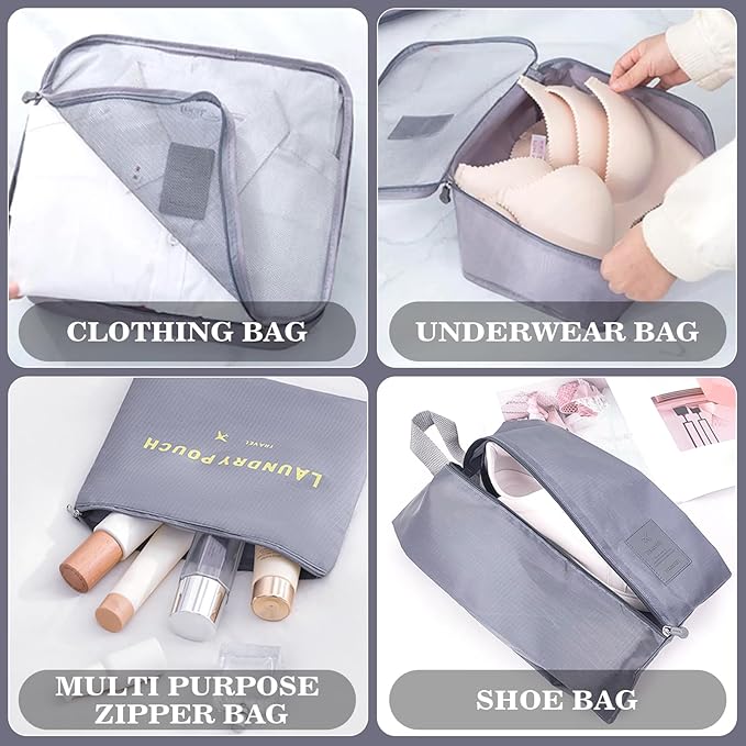 8 Set Packing Cubes for Travel Luggage Packing Bags Reusable Waterproof Suitcase Organizer Cubes Set with Shoe Bag and Toiletry Bag (Grey)