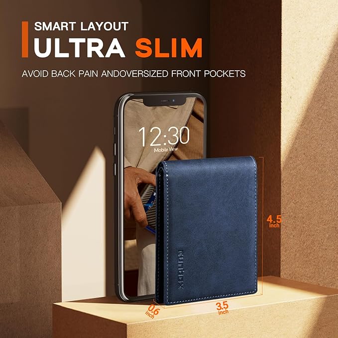 RUNBOX Wallet for Men Slim Leather Bifold RFID Blocking Minimalist Front Pocket Design with Gift Box