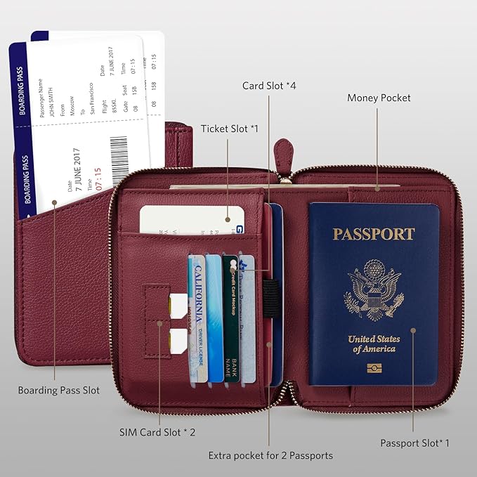 CoBak Passport Holder Cover with Safe Zipper Closure, Premium Passport Wallet for Travel, Cute RFID Blocking Card Case, Waterproof Travel Accessories for Man, Pebbled Wine