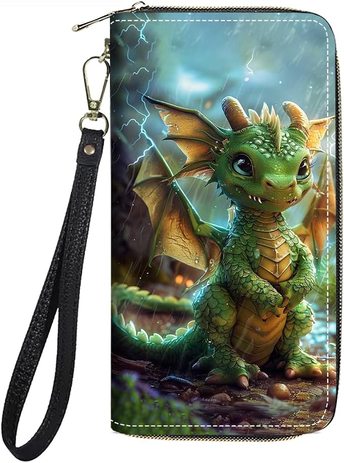 Women's Large Capacity Wallet PU Leather Zip Around Clutch Purse Multifunctional Wallet with Removable Wristlet Strap for Smart Phone/Coin/Card/Cash, Cute Dragon Baby