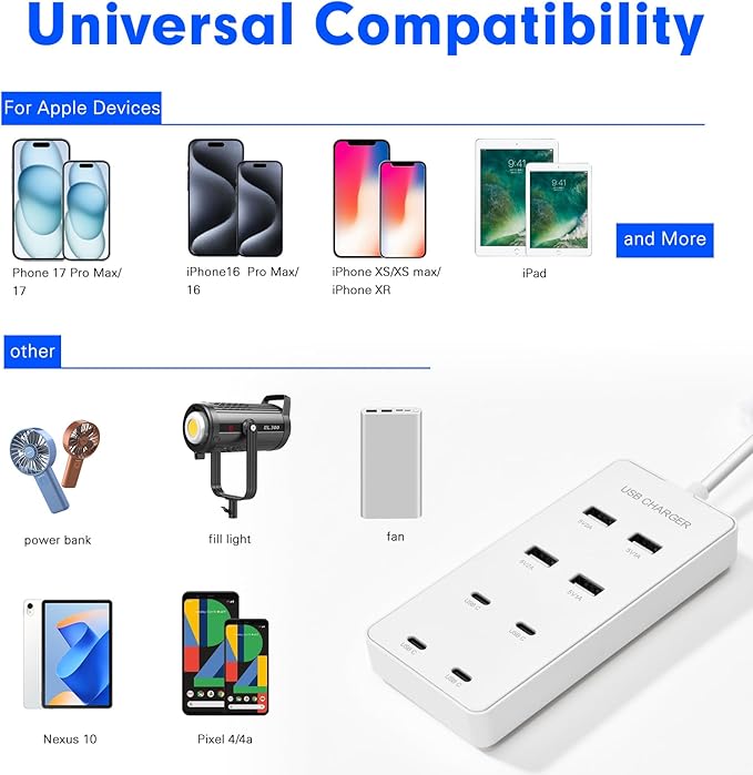 USB Wall Charger USB C Charging Station for Multiple Devices 8-Ports Charging Hub Strip Smart Charger Block Compatible with iPhone, Galaxy, iPad Tablet, and Other Devices
