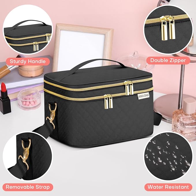 HXLGMD Double Layer Travel Makeup Bag Women, Cosmetic Organizer Case, Travel Essentials Accessories with Shoulder Strap for Bottles, Brushes, Conditioner, Skin Care Products, Black