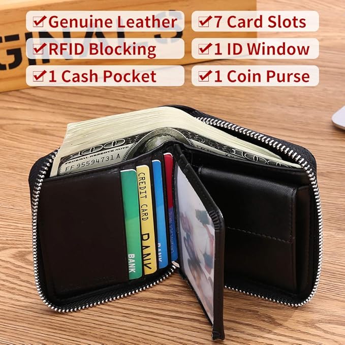FALAN MULE Wallets For Men Genuine Leather Short RFID Blocking Zip-around Bifold Wallet（Black）