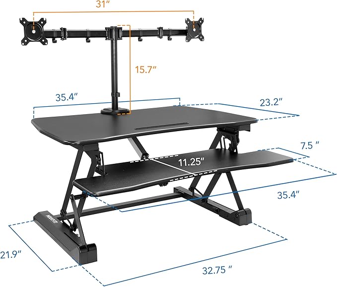 Mount-It! Electric Standing Desk Converter with Dual Monitor Arms for 2 Screens (Max 32"), Large 35.4" Wide Desktop, Motorized Stand Up Desk Riser, Keyboard Tray, USB, Black Stand up Desk Convertor