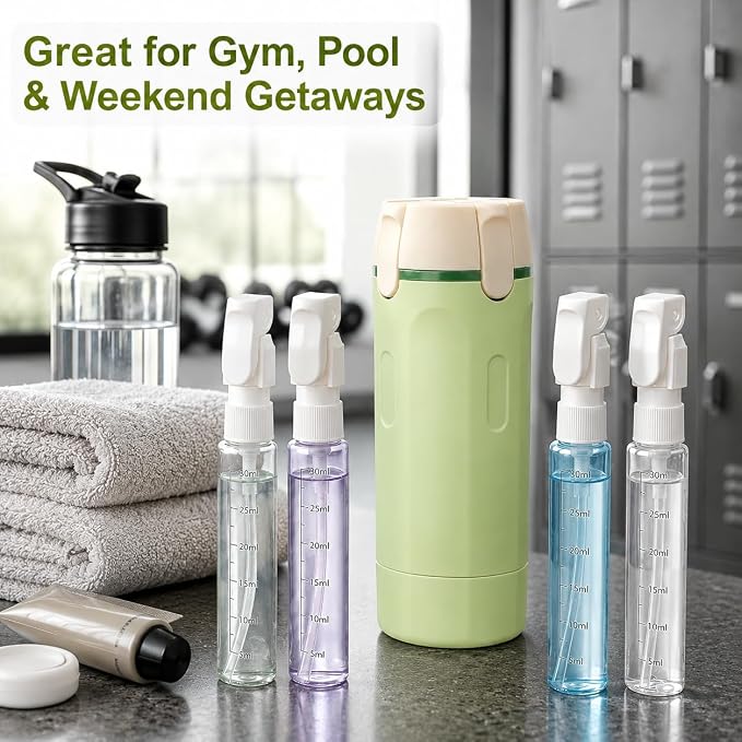 4-in-1 30ML Travel Size Dispenser Toiletries Bottles, Leak-Proof Refillable Containers Dispensers Labels Portable Toiletry Organizer Cup for Shampoo, Lotion, Soap Travel Essentials Green