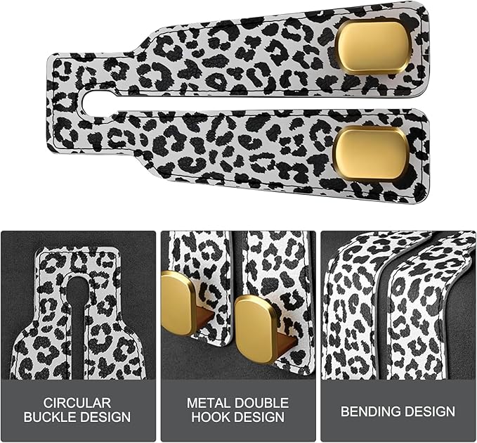 2 PCS Car Seat Headrest Hooks for Hanging, Double Heavy Duty Metal Hooks with Leopard Print, Car Organizer Accessories for Women, Universal for Most Cars, Trucks, SUVs (White Leopard Print)