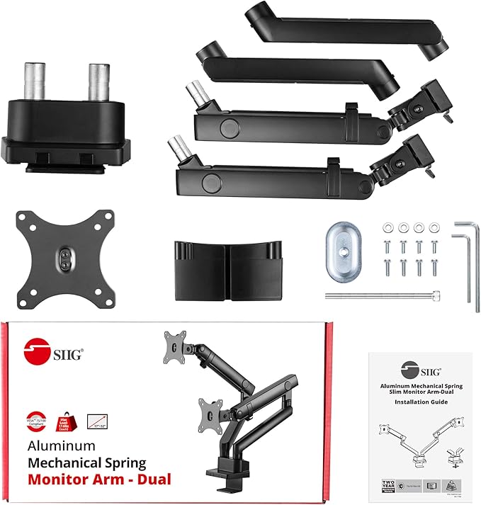 SIIG Aluminum Mechanical Dual Monitor Arm Mount - Height Adjustable Desk Mount for 17in to 32in Screens - 17.6lbs Each Arm - VESA 75x75mm 100x100mm, Black