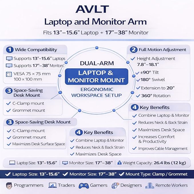 AVLT Laptop and Monitor Arm, Fits 15.6" Notebook and 38" Screen, Dual Full Motion Adjustable Arms, Ergonomic VESA Mount to Organize Work Surface & Remove Clutter