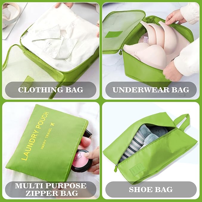 8 Set Packing Cubes for Travel Luggage Packing Bags Reusable Waterproof Suitcase Organizer Cubes Set with Shoe Bag and Toiletry Bag (Green)