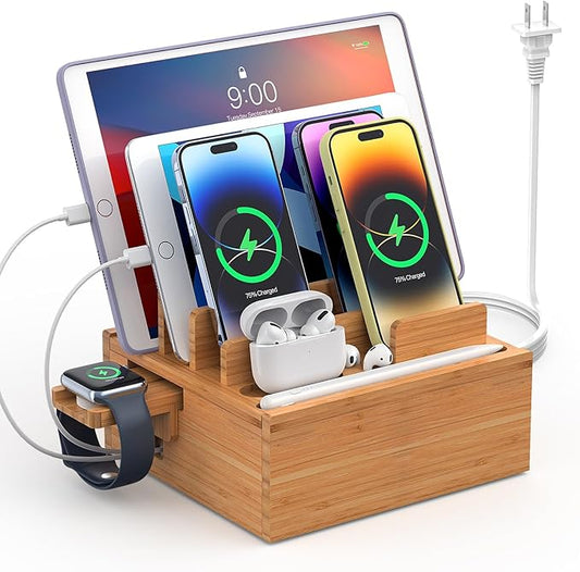 Pezin & Hulin Bamboo Charging Station Holder with 5 Port USB Charger, 5 x Charge Cables, Watch Stand, Wood Docking Stand Electronic Organizer for Multiple Devices, Phones, Tablets and Earpods