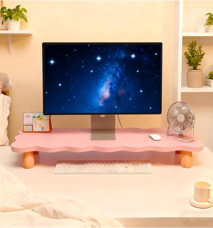 Monitor Stand Riser, Cloud-Shaped Sturdy Wood Computer Monitor Riser, Laptop Monitor Stand, Multi-Purpose Desktop Organizer Riser for Computer, Laptop, Printer, TV (Pink)
