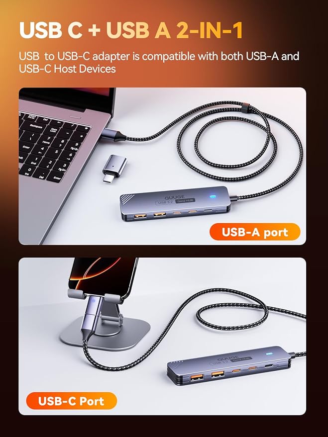 USB 3.2 Hub, QUUGE 5-in-1 USB Splitter with 2 USB-A & 2 USB-C 10Gbps, USB Multiport Adapter with A to C Adapter, 120cm Nylon Cable, 5V 2A Type-C Power Port for MacBook iMac Laptop PC Flash Drives HDD