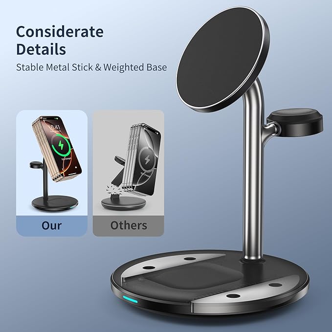 3 in 1 Wireless Charging Station for Apple Devices with MagSafe Charger, Wireless Charger Station for iPhone 17/16/15/14/13/12 Pro Max Air Plus Mini,Wireless Charging for iWatch&AirPods(20W Adapter)