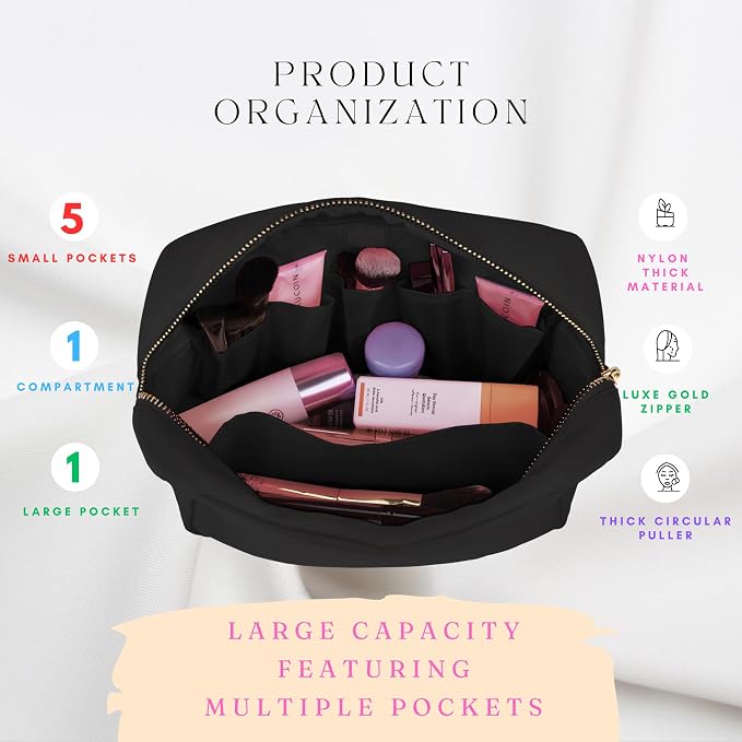 Makeup Bag With Compartments, Make Up Bag, Travel Makeup Bag, Cosmetic Bag, Makeup Case, Travel Cosmetic Bags for Women, Large Makeup Bag Organizer, Makeup Pouch, Makeup Travel Bag, Black Makeup Bags
