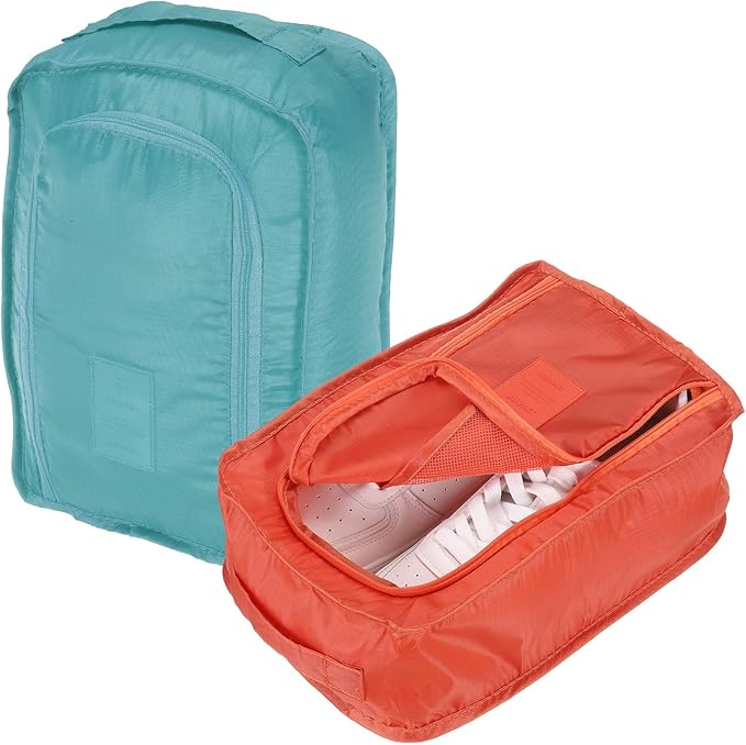 Foldable Travel Shoe Bag, Waterproof Shoe Pouches Organizer with Handle Travel Packing Cubes -Fitting for Storing (Sneakers/Sandals/Fitness Shoes) 2 Pcs & Orange/Light Blue