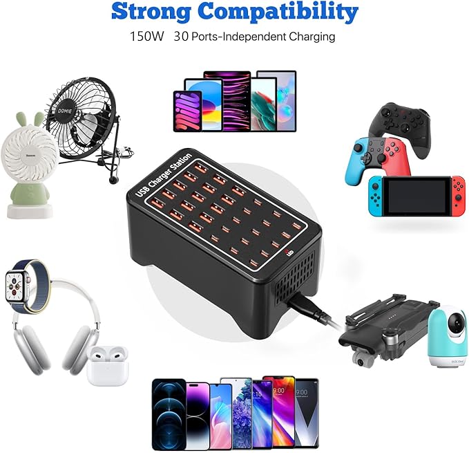150W USB C Charging Station, 30 Port Fast Multi Device Charger (15 USB-C + 15 USB-A) Desktop Charger Hub, Compatible with iPhone Samsung iPad Google Pixel Tablets & Other USB Electronics