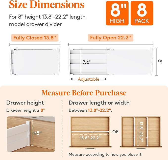 Lifewit 8" Tall 8 Pack Drawer Dividers, 35-56.5cm/13.8-22.2" Expandable Drawer Divider for Clothes, Adjustable Dresser Drawer Organizers, Drawers Separators for Dresser/Bathroom/Closet/Kitchen White