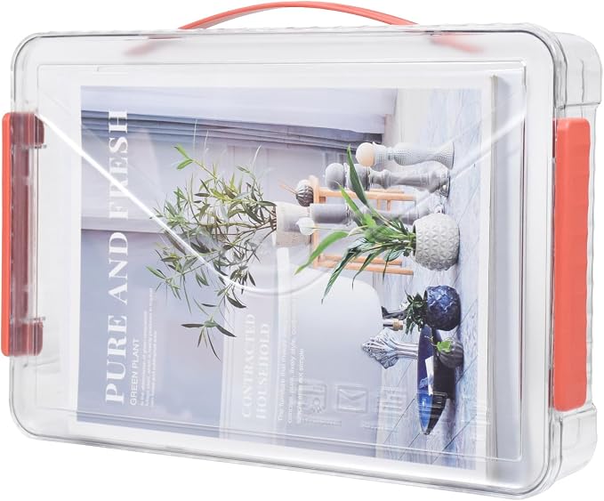 Clear Storage Boxes with Lid - A4 Transparent Paper Storage Organiser with Handle and Portable Project Case Drawer Organizer for Storing Certificates Photos Scrapbook and Invoices(Red Handle)