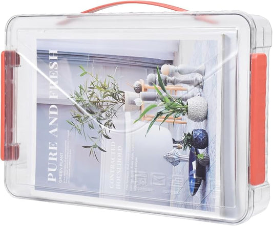 Clear Storage Boxes with Lid - A4 Transparent Paper Storage Organiser with Handle and Portable Project Case Drawer Organizer for Storing Certificates Photos Scrapbook and Invoices(Red Handle)
