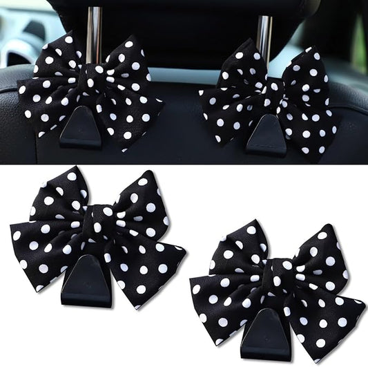 2PCS Car Seat Headrest Hooks, Cute Bow Vehicle Rear Seat Bracket Hook for Purses and Bags, Automotive Purse Hook Hanger, Universal for SUV, Sedan, Truck (Black+Polka Dot)