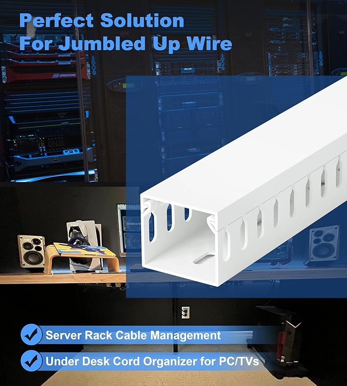 ZhiYo H1.4 W1.6 in Server Rack Cable Management Raceway, 12ft (4 X L3ft) Cable Raceway Kit, Electrically Safe PVC Open Slot Wire Cord Hider for Under Desk/Computer/Network Cords, White