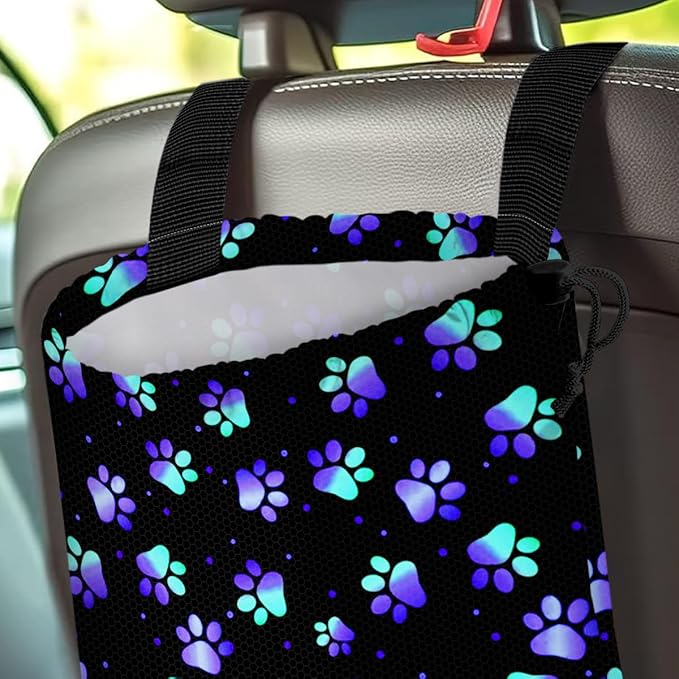 Car Trash Bag Hanging Back of Seat Waterproof Small Cute Printed One-handed Strap Drawstring Garbage Bags for Car-Paw Print