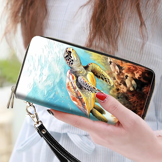 Women's Large Capacity Wallet PU Leather Double Zipper Clutch Purse Multifunctional Wallet with Removable Wristlet Strap for Smart Phone/Coin/Card/Cash - Sea Turtle