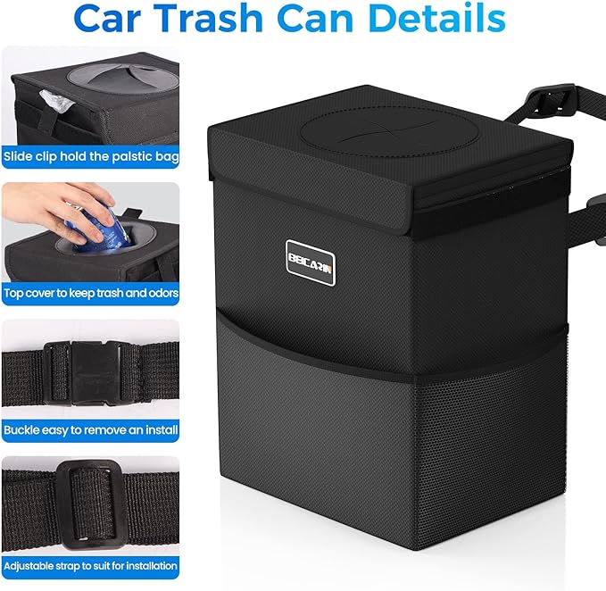 Beicarin Car Trash Can with Lid - Trash Bag Hanging with Storage Pockets Leak-Proof Organizer Collapsible and Portable Waterproof Garbage Bin, 2.2 Gallons Multipurpose Trash Bin for Car