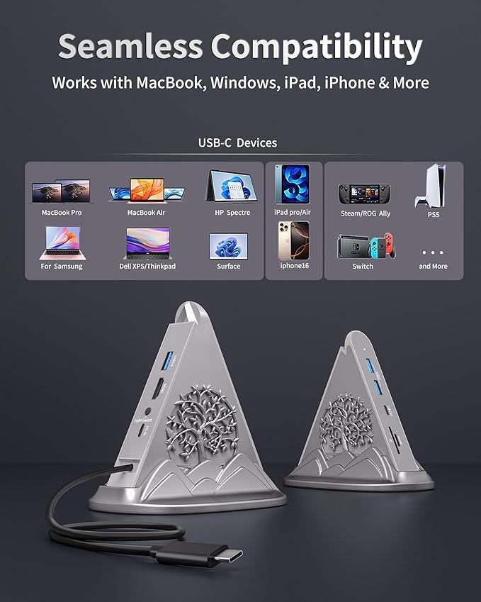 USB C Hub, 8 in 1 vertical Laptop Docking Station, USB C HUB for Laptop with 4K HDMI, 100W Power Charging, 5Gbps Type C 3.0, 3xUSB A 3.0 & RGB Lighting, SD/TF Slot for MacBook Air/Pro, iPad, iPhone 17