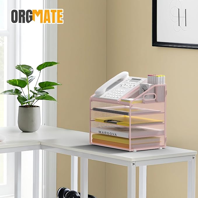 Letter Tray Paper, 5 Tier Desk Organizer with Pen Holder and Handle, Mesh File Organizer Paper Sorter Metal Desktop Document Shelf for Office Home Classroom - Pink