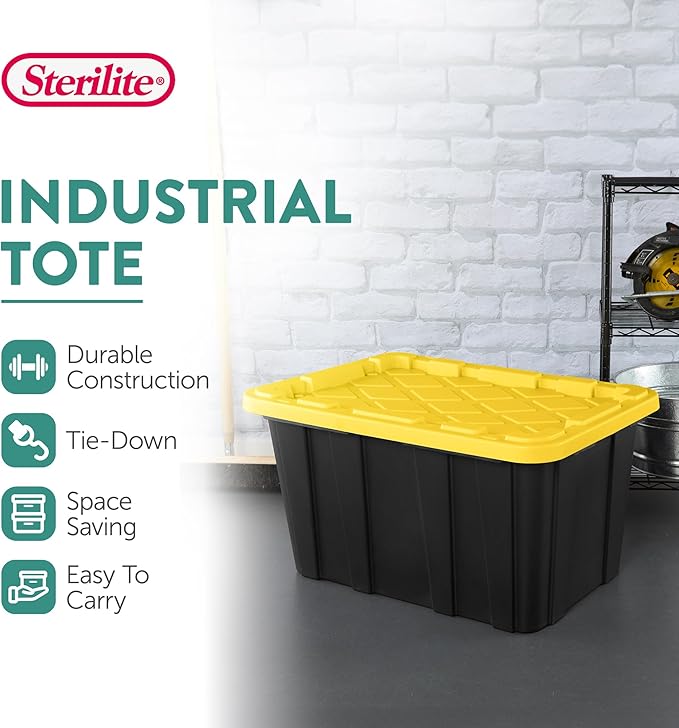 Sterilite 16 Pack Industrial Tote, Plastic Storage Container Bins with Lids, 27 Gallon - Heavy-Duty Organizing Containers for Closet, Bathroom, and Office