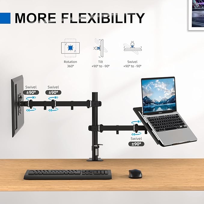 GRIFEMA Monitor Arm with Laptop Tray for 13-32" Screen, Laptop Monitor Stand with Desk Clamp, Height Adjustable Laptop Arm, Tilt Rotation Swivel, VESA: 75x75 & 100x100mm GB2002-2