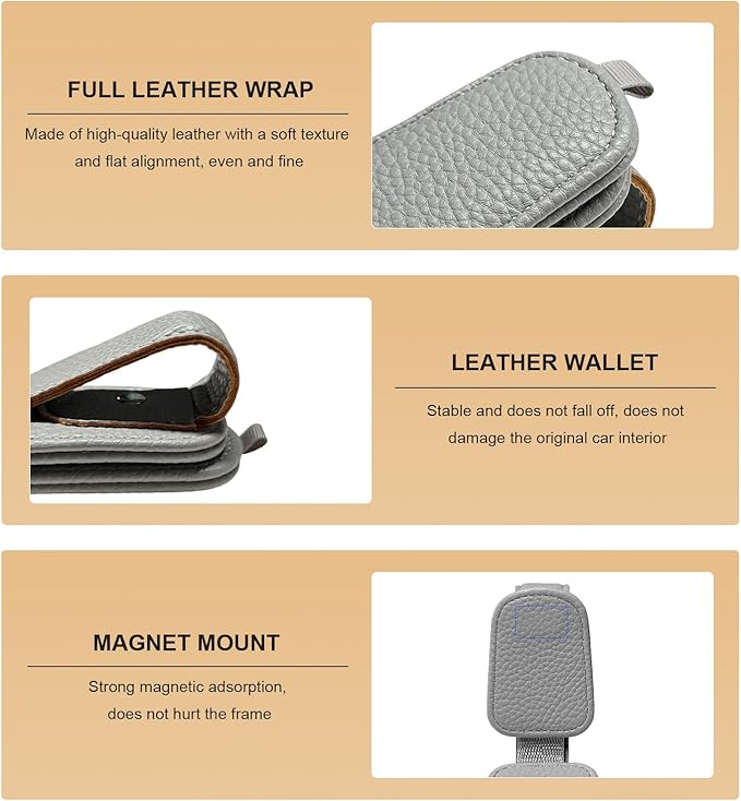 2 PCS Sunglasses Holders for Car Visor, Magnetic Leather Eyeglasses Hanger Mounter Ticket Card Clip, Auto Sun Visor Glasses Holder Business Card Organizer for Men Women (Gray)