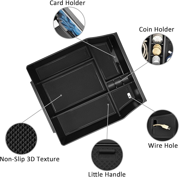 Center Console Organizer Tray for Ford F150 2021 2022 2023 2024 Accessories Interior Secondary Storage Armrest Box Insert Hidden Cubby Drawer (Full Console w/Bucket Seats ONLY) (Black Trim)