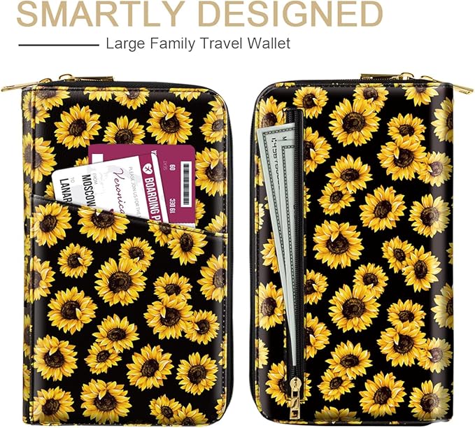 Family Passport Holder Wallet RFID Blocking Document Organizer PU Leather Mulit-purpose Travel Wallet Credit Cards Case for Women Men,Sunflowers
