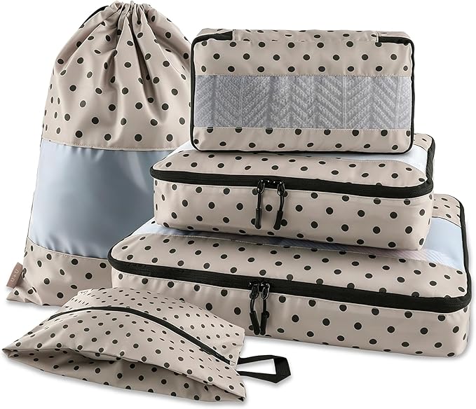 U+U 5 Set Packing Cubes for Travel Essentials Ultralight Luggage Packing Organizers with Laundry Bag and Shoe Bag for Vacation, Business Trip and Camping (Brown Polka Dot)
