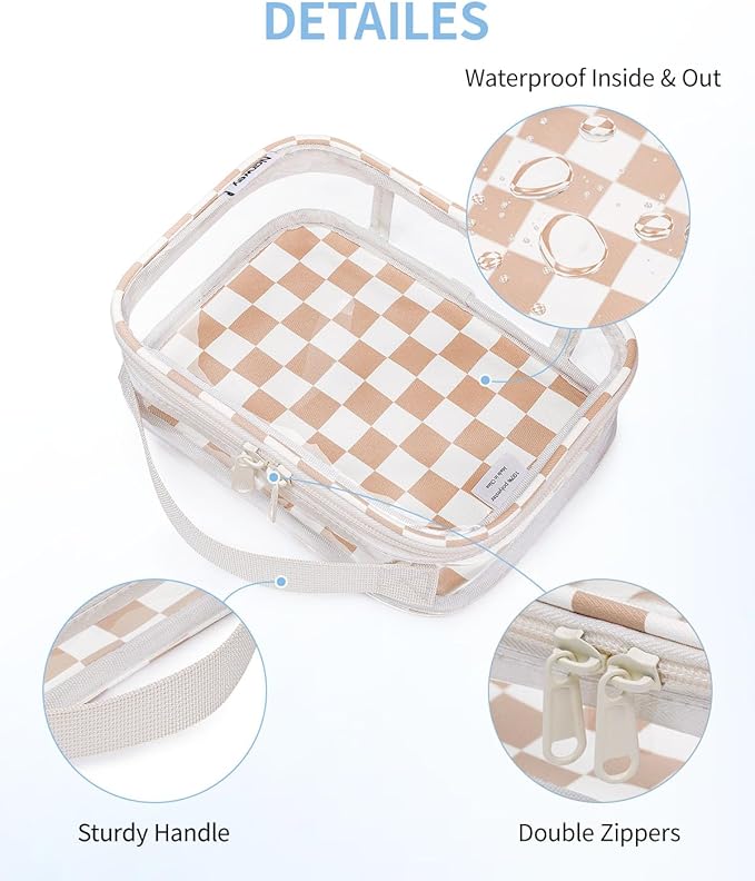 Narwey TSA Approved Clear Toiletry Bag for Travel Waterproof PVC Clear Makeup Bags, Portable Compact Cosmetic Bag Make Up Organizer, Airport Airline Quart Size Compliant Bag (Light Brown Checkerboard)