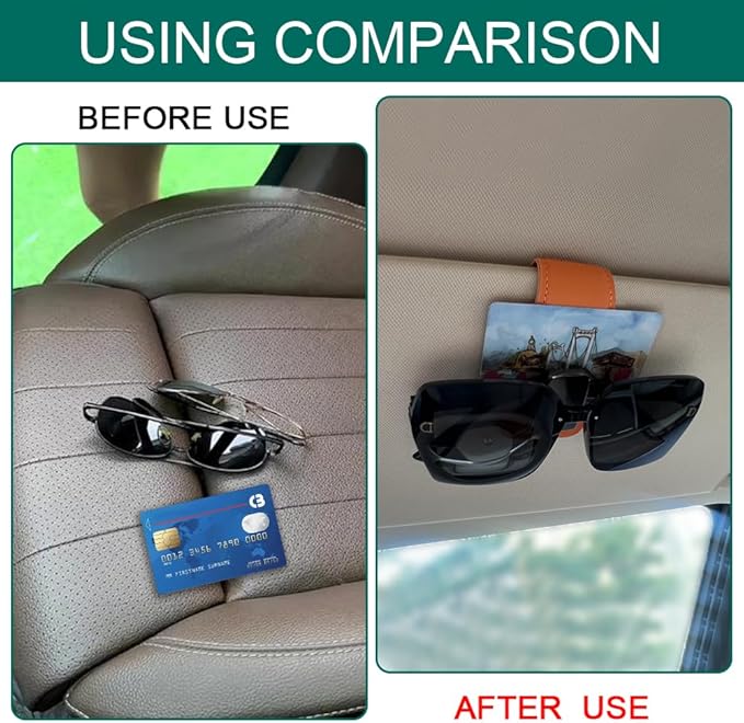 Sunglasses Holders for Car Visor, Visor Accessories, Magnetic Leather Sunglasses Holder and Ticket Card Clip, Eyeglass Hanger Clip Auto Interior Accessories Fit for Most Cars (Orange)