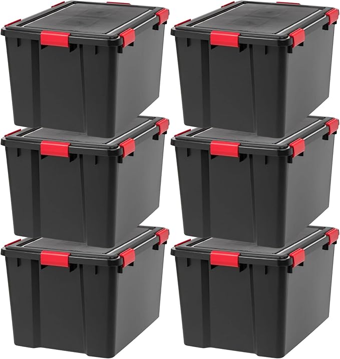 IRIS USA WeatherPro 74 Qt Storage Bins with Lids, 6 Pack, BPA-Free Plastic Gasket Box with Tight Latch and Seal, Stackable Nestable Tote Tub - Black/Red